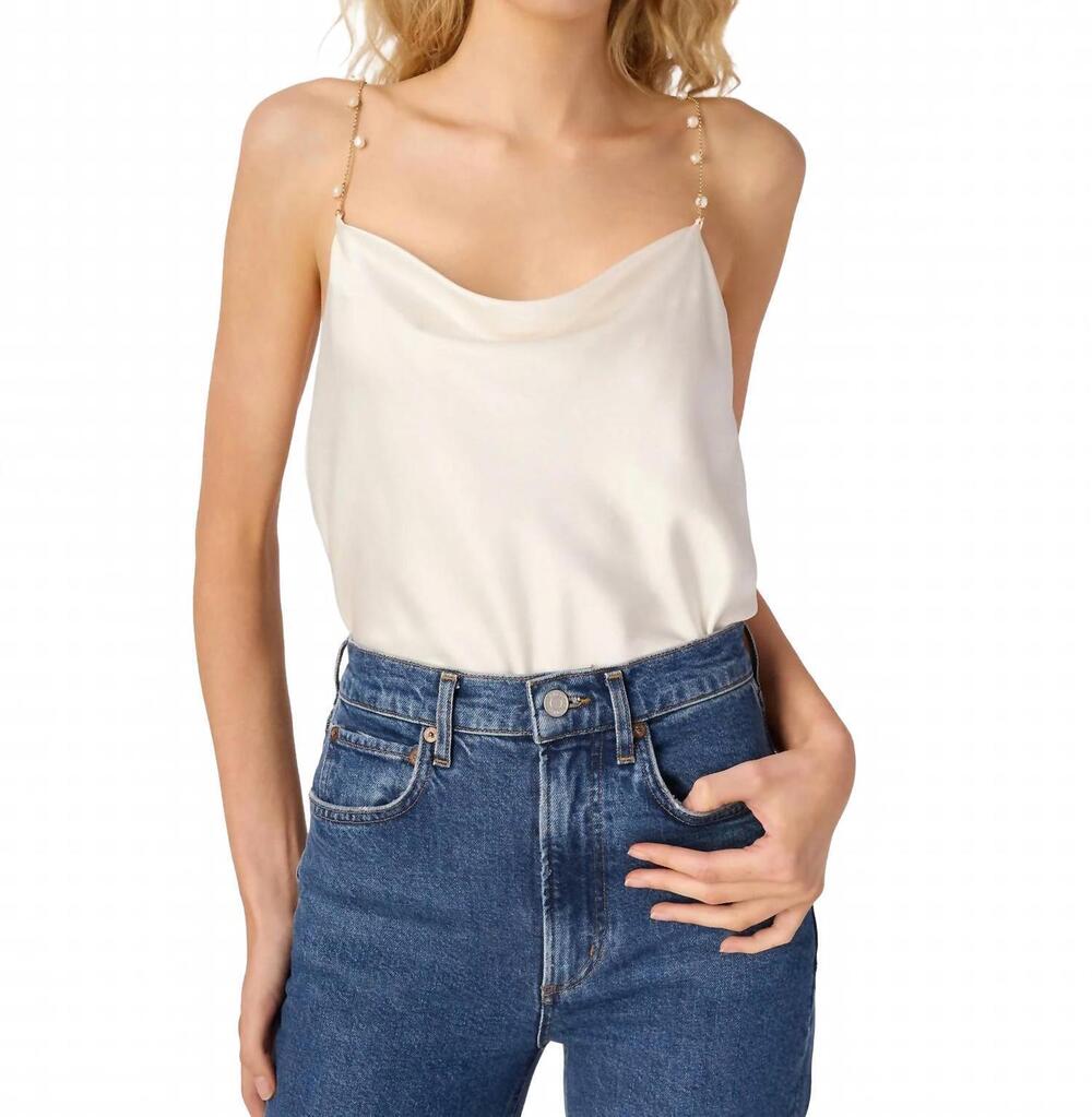 NEW B.RIGHT women's pearl chain strap satin cowl neck cami top in off white